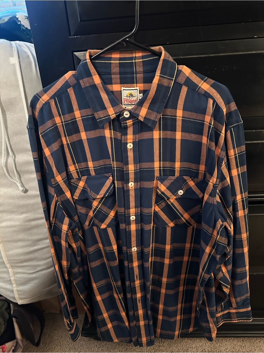 Pendleton Navy and Orange Plaid Cotton Button-Down Shirt